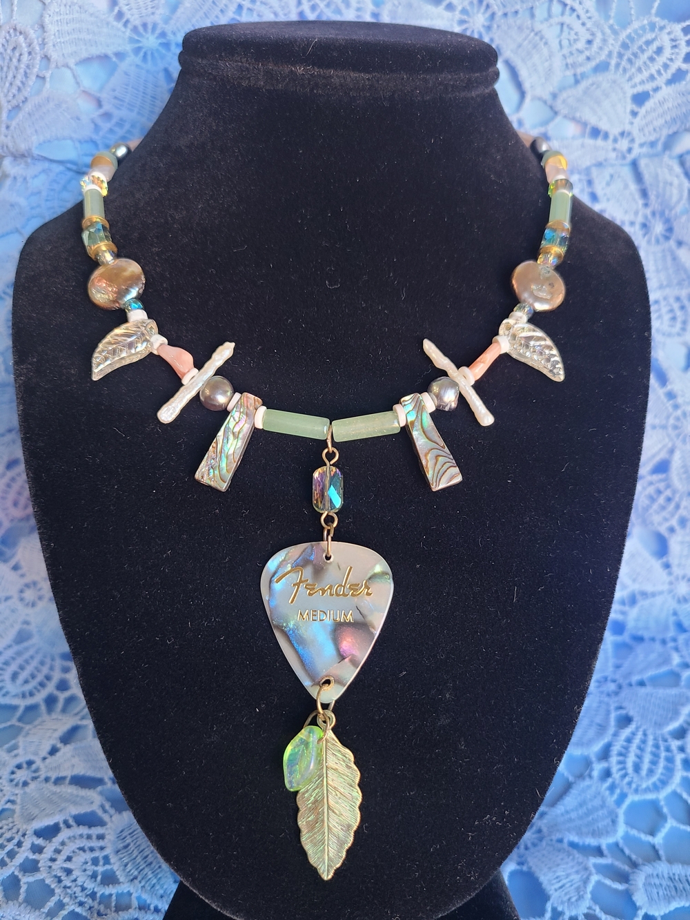 Fender Iridescent Abalone Green Guitar Pick Pendant Necklace